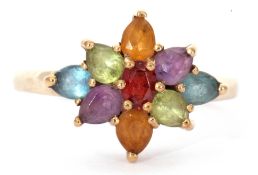 9ct gold multi-gem cluster ring, designed with various shaped claw set gems including amethyst,