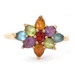 9ct gold multi-gem cluster ring, designed with various shaped claw set gems including amethyst,