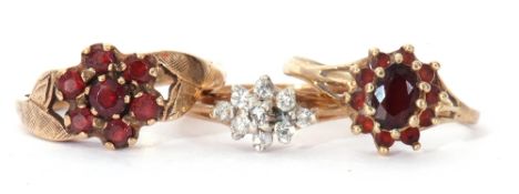 Mixed Lot: two 9ct gold and garnet cluster rings, together with a paste set 9ct gold dress ring, g/w