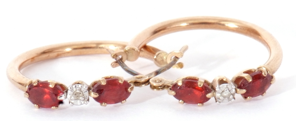 Pair of 9ct stamped hoop earrings highlighted with central diamond point between two small red - Image 3 of 6