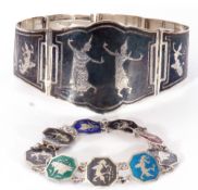 Mixed Lot: large Siamese niello bracelet, a design of graduated panels engraved/etched with