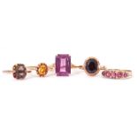 Mixed Lot: five 9ct gold rings, a five stone small ruby ring, garnet, citrine, and quartz