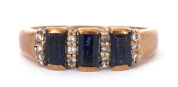 9ct gold, blue coloured stone and paste set ring, the design featuring three rectangular shaped