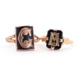 Mixed Lot: two 9ct stamped memoriam rings, a black enamel example applied with the letter "C",