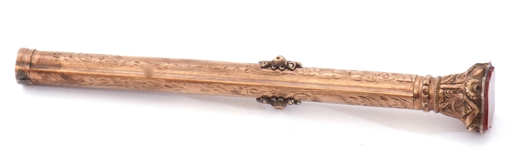 Antique Victorian gold filled mechanical slide pen, floral engraved, barrel with an inlaid