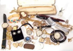 Mixed Lot: costume jewellery to include brooches, bracelets, Queensway fountain pen, watches etc