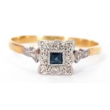 An Art Deco sapphire and diamond ring, centring a small calibre cut square sapphire within a small