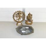 TWO ORIENTAL MODELS OF BUDDHA AND A BRASS ASHTRAY