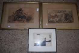 TWO MID 19TH CENTURY MILITARY PRINTS AND A FURTHER JAPANESE WOOD BLOCK PRINT OF MOUNT FUJI