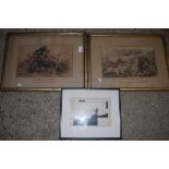 TWO MID 19TH CENTURY MILITARY PRINTS AND A FURTHER JAPANESE WOOD BLOCK PRINT OF MOUNT FUJI