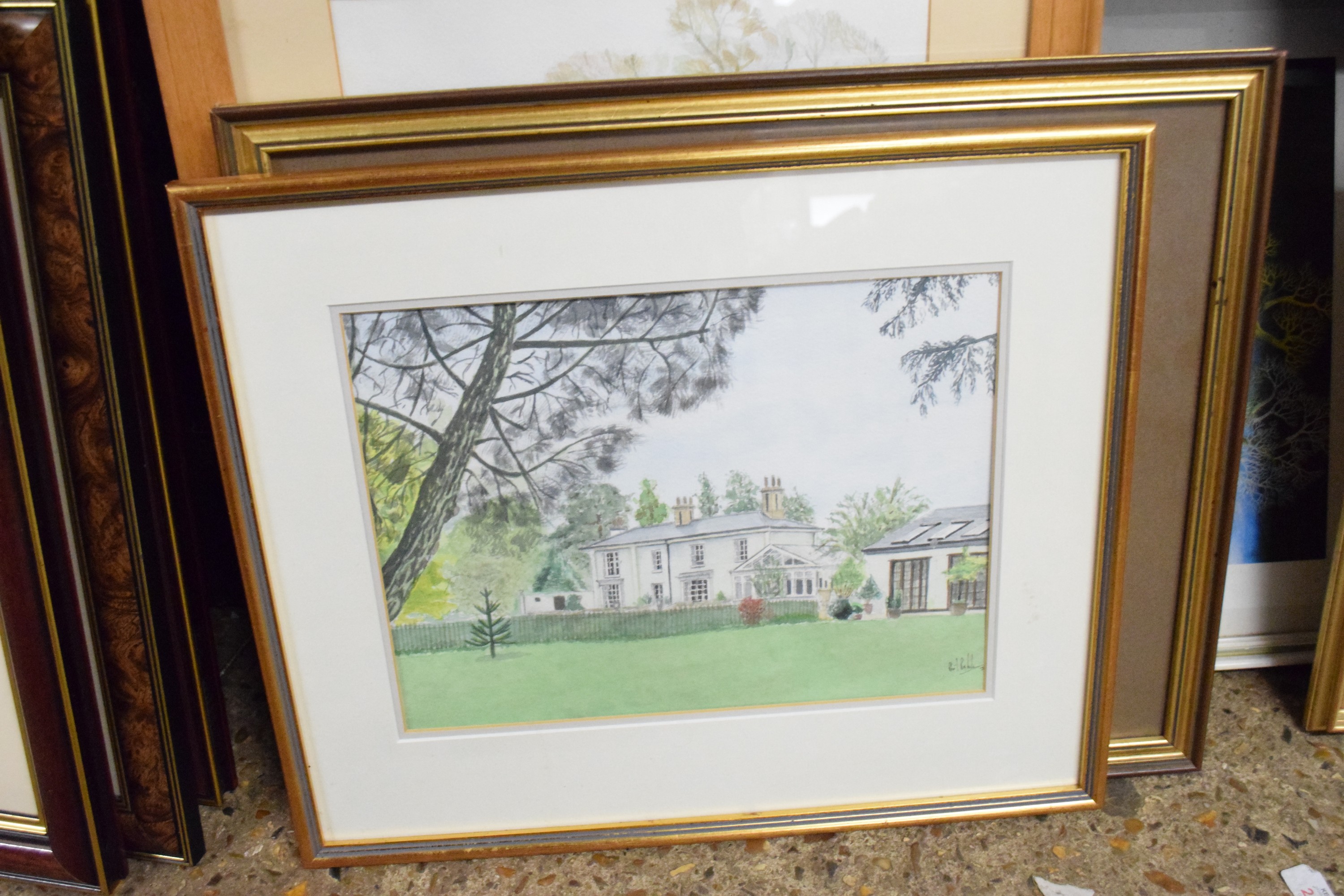 WATERCOLOUR OF A COUNTRY HOUSE AND OTHER PICTURES