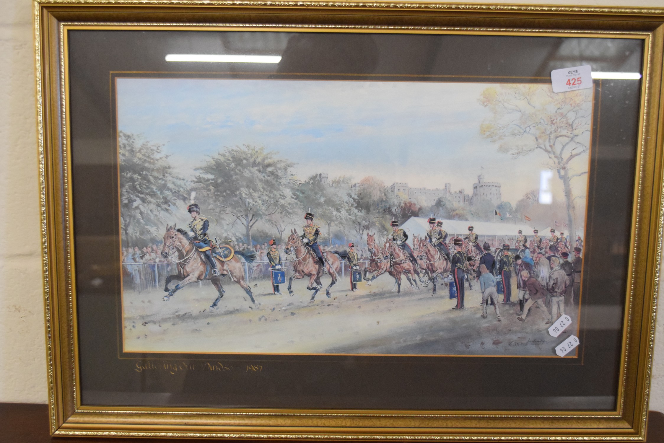 FRAMED MILITARY INTEREST PRINT DEPICTING THE ROYAL HORSE ARTILLERY ENTITLED "GALLOPING OUT WINDSOR