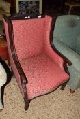 19TH CENTURY UPHOLSTERED ELBOW CHAIR WITH CARVED DECORATION, WIDTH APPROX 62CM MAX