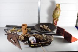 TRAY CONTAINING WOODEN MODELS OF BIRDS AND PUPPET