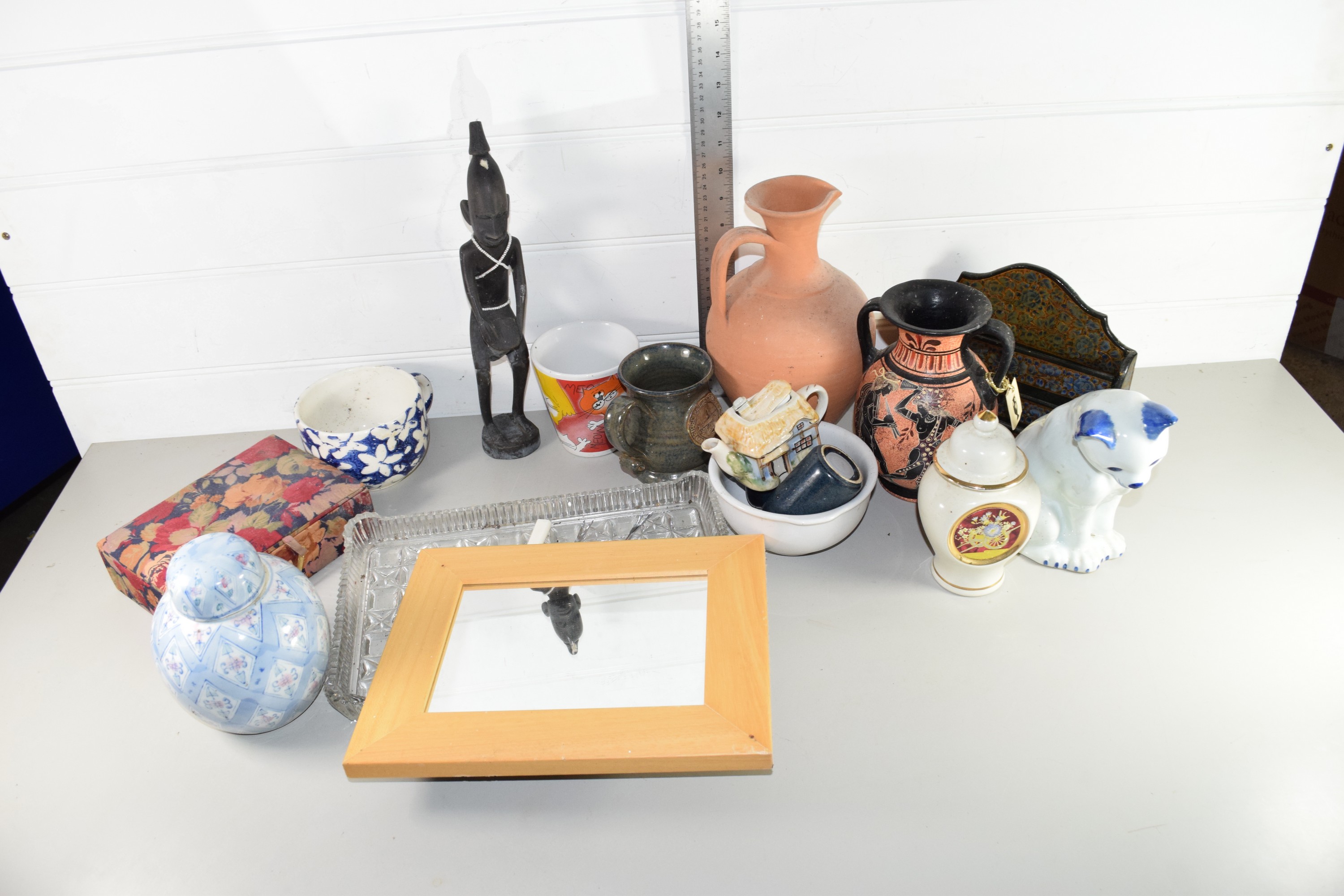 BOX CONTAINING MISC CERAMICS, MODEL OF A CAT, LARGE STONEWARE EWER ETC - Image 2 of 2