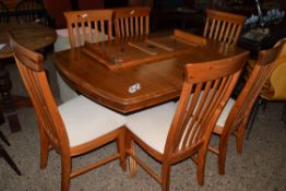 VARNISHED PINE DINING TABLE, APPROX 166 X 104CM (WITH EXTRA LEAF), TOGETHER WITH A SET OF SIX