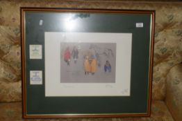 FRAMED RACING INTEREST PRINT, SIGNED, MOUNTED WITH AINTREE 93 TICKETS, APPROX 69CM