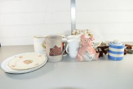 TRAY CONTAINING MIXED CERAMICS, COMMEMORATIVE MUGS, WADE PIG, MONEY BOX ETC