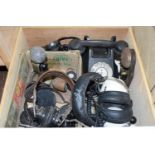 BOX CONTAINING TELEPHONE AND MICROPHONE EQUIPMENT, HEAD SETS ETC