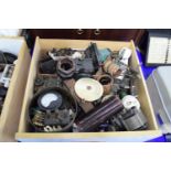 WOODEN BOX CONTAINING VINTAGE RADIO EQUIPMENT, GAUGES, FUSE WIRES, FUSES ETC