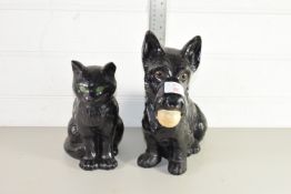 TWO PLASTER MODELS, ONE OF A SCOTTIE DOG, THE OTHER A CAT