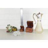 CUT GLASS CARAFE WITH PLATED MOUNT, POTTERY MODEL OF A FROG ETC