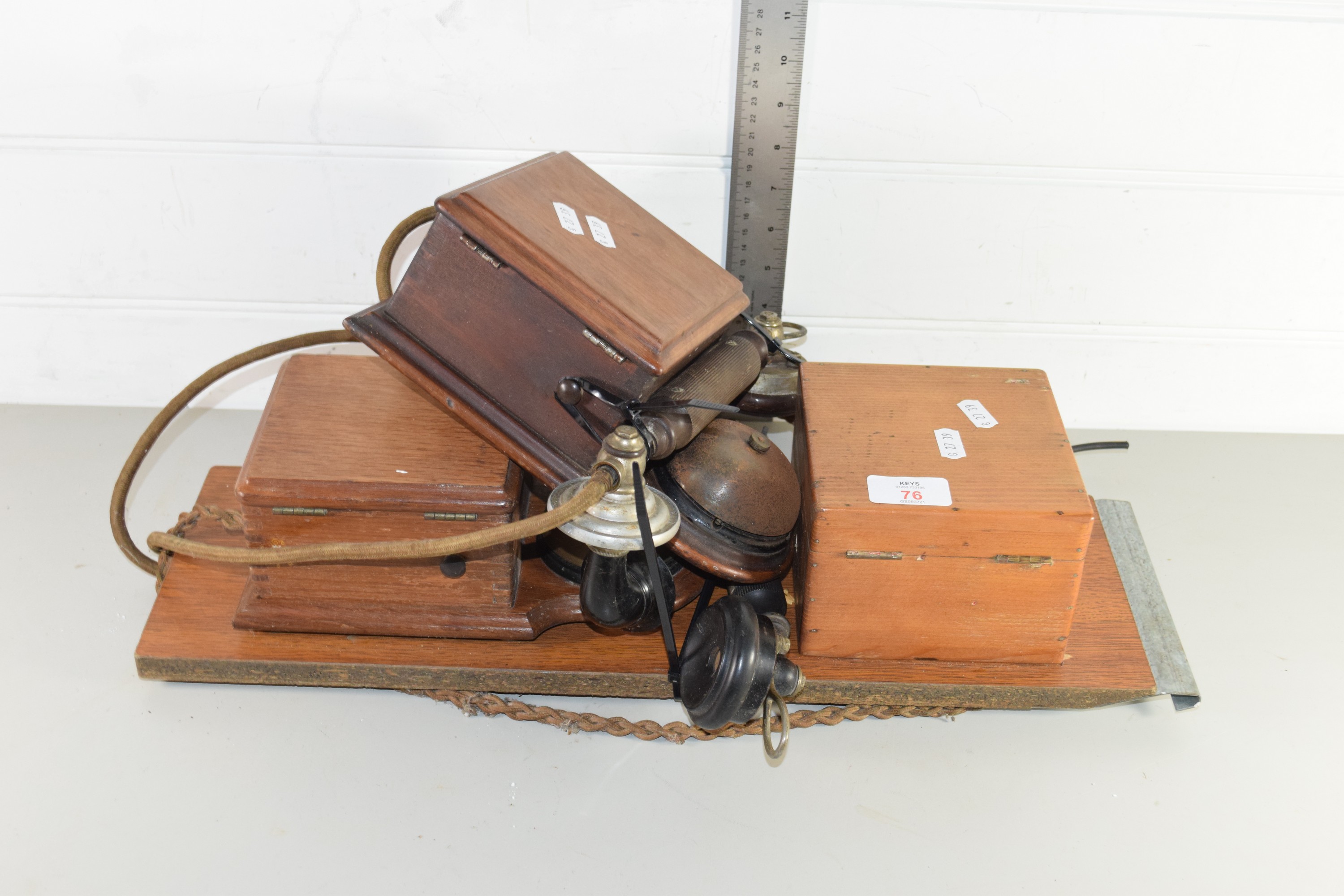 VINTAGE TELEPHONE EQUIPMENT WITH HANDSET AND WOODEN ACCESSORIRES