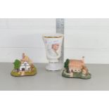 TWO MODEL COTTAGES AND VASE PRODUCED BY ROYAL WORCESTER PALLASEY TO COMMEMORATE THE VISIT OF THE