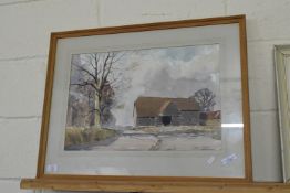 WATERCOLOUR BY JOHN NOBLE OF A SUSSEX BARN IN WINTER WITH EXHIBITION LABEL AND TITLE VERSO