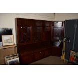 LARGE DARK WOOD GLAZED WALL UNIT WITH CORNER RETURN