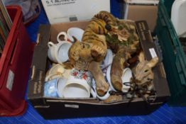 BOX CONTAINING VARIOUS FIGURES, MUGS ETC