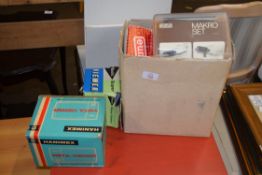 BOX CONTAINING HANIMEX AND OTHER SLIDE VIEWERS TOGETHER WITH QTY OF FILM CASES, CINE FILM