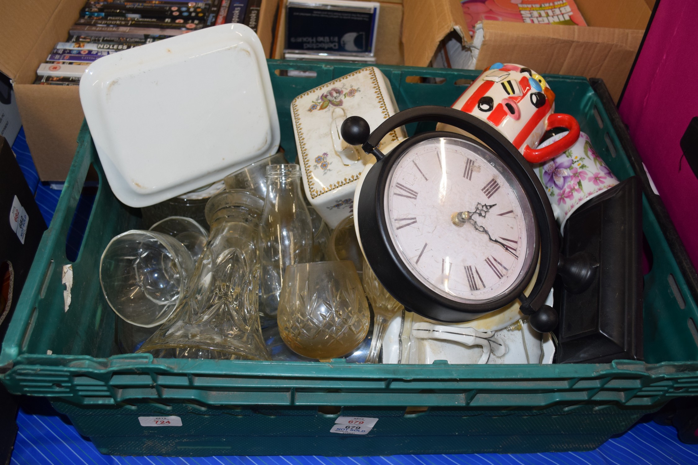 CRATE CONTAINING KITCHEN WARES, GLASS WARES ETC