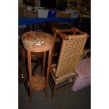 STRIPPED WOOD PLANT STAND AND A FOOTSTOOL AND CANE SEATED CHAIR