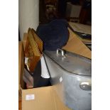 BOX OF FISH KETTLE, RIDING HAT ETC