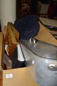 BOX OF FISH KETTLE, RIDING HAT ETC