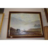 FRAMED COULSON PRINT OF A LANDSCAPE WITH SHEEP AND DOG