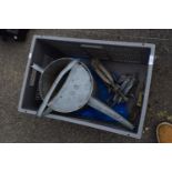 CRATE CONTAINING GALVANISED WATERING CAN AND A PAIR OF BOAT ANCHORS