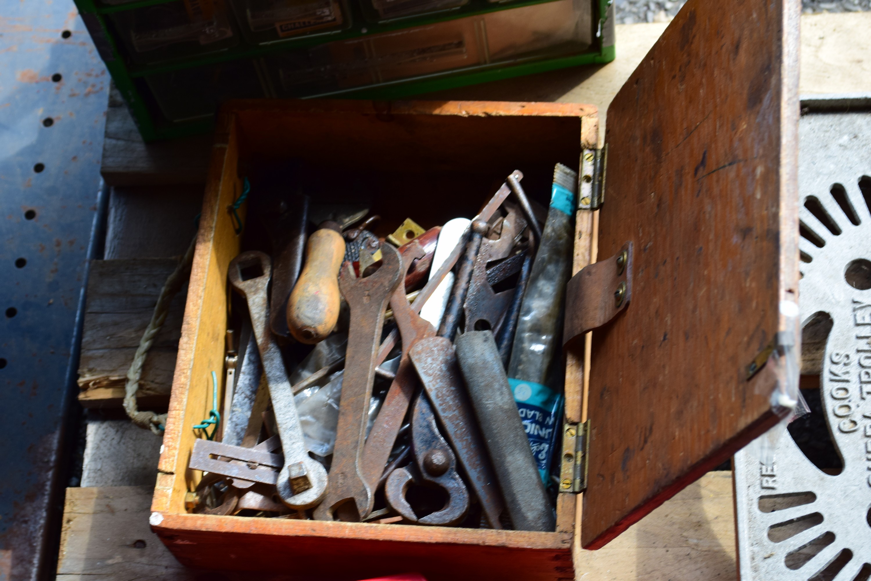 SMALL TOOLBOX CONTAINING PLIERS, SPANNERS ETC