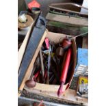 BOX CONTAINING VINTAGE TOOLS, SPANNERS, ADJUSTABLE SPANNERS, SCREWDRIVERS ETC