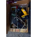 TRAY OF TOOLS, HAMMERS, CLAMPS, A DE WALT CORDLESS BATTERY OPERATED LIGHT