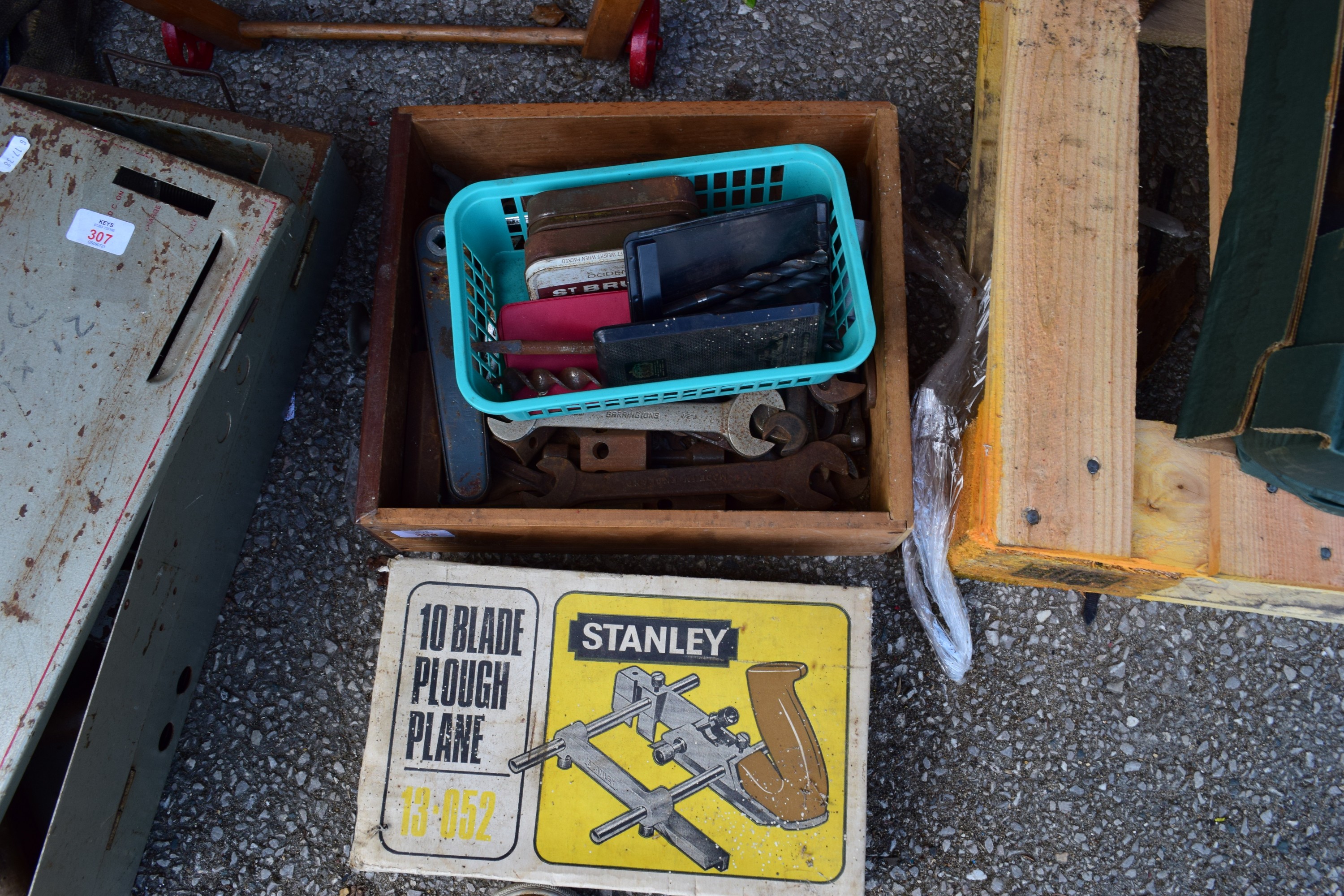 VINTAGE STANLEY PLANE AND A BOX OF SPANNERS AND DRILL BITS