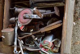 BOX CONTAINING GREASE GUNS, HAND DRILLS, SPANNERS, OIL CANS ETC