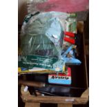 BOX OF MIXED GARAGE CLEARANCE ITEMS, KNEE PADS, DIE NUT SETS, PUNCTURE REPAIR SET ETC