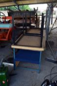 LARGE WORKSHOP BENCH, LENGTH APPROX 230CM PLUS TWO OTHER SMALLER TABLES