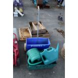 BOX CONTAINING QTY OF WATERING CANS AND JERRY CAN, PLUS A GARDEN SEED SPREADER
