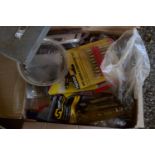 BOX CONTAINING SCREWS, DRILL BITS, DOUBLE BIT SETS ETC