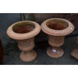 PAIR OF TERRACOTTA GARDEN URNS, HEIGHT 45CM, WIDTH 38CM