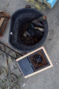 BUCKET CONTAINING A PADLOCK AND CHAIN, A HATCHET AND A PLASTIC DRAIN