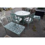 FOUR-SEATER METAL GARDEN FURNITURE SET TO INCLUDE TWO SIDE TABLES AND A POT STAND